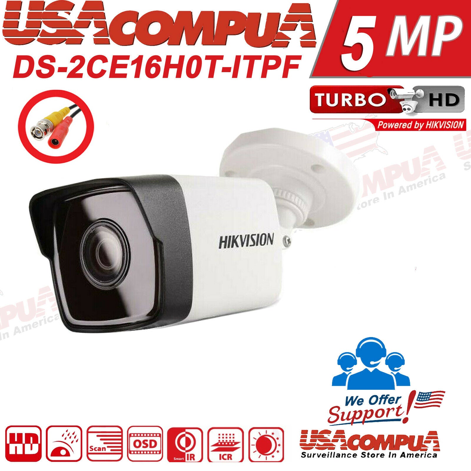 Hikvision 5MP MEGAPIXEL MINI Bullet DS-2CE16H0T-ITPF TVI/AHD/CVI/CVI Camera IP67