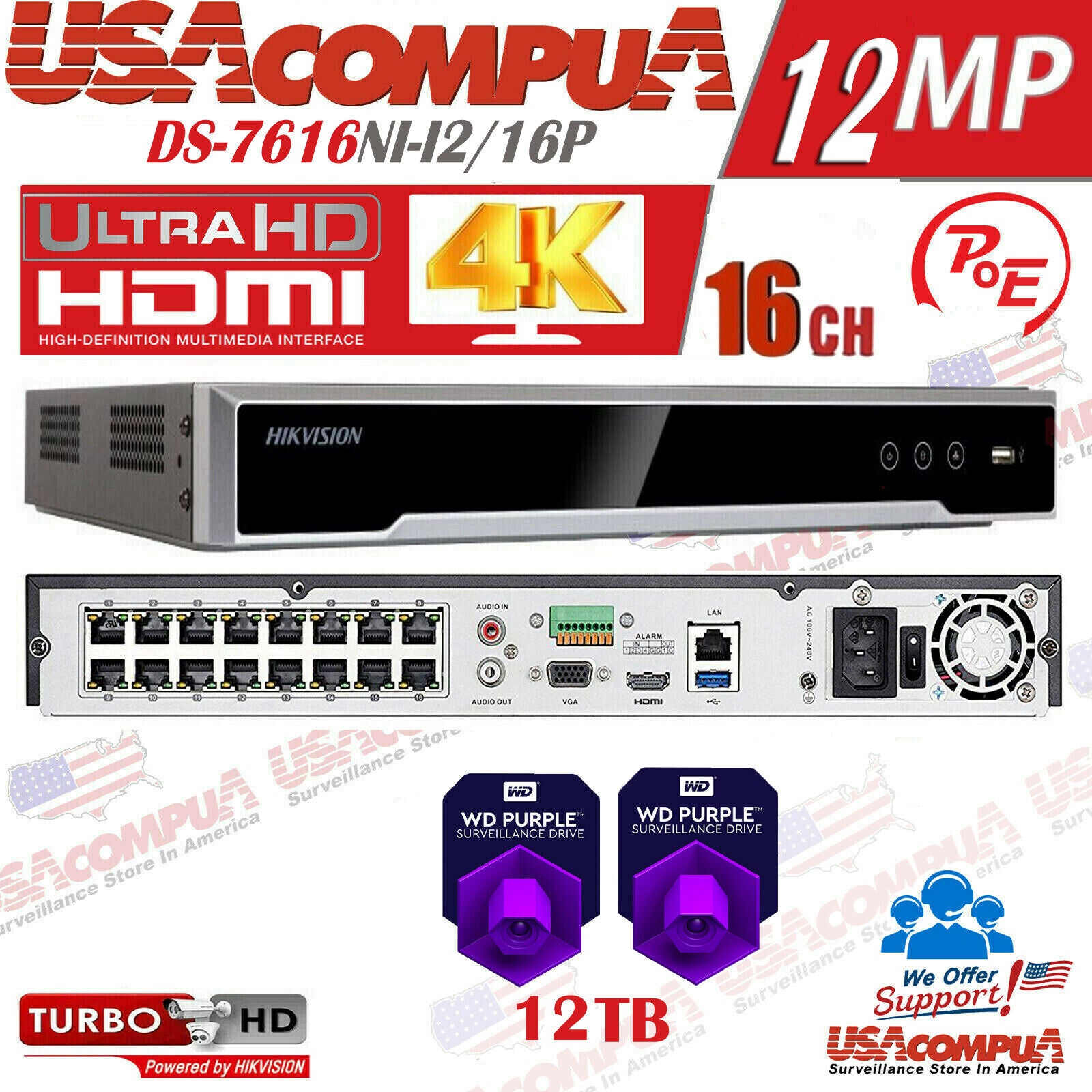 HIKVISION 16CH NVR POE 12MP 4K-UHD DS-7616NI-I2/16P H265+ ENGLISH VERSION