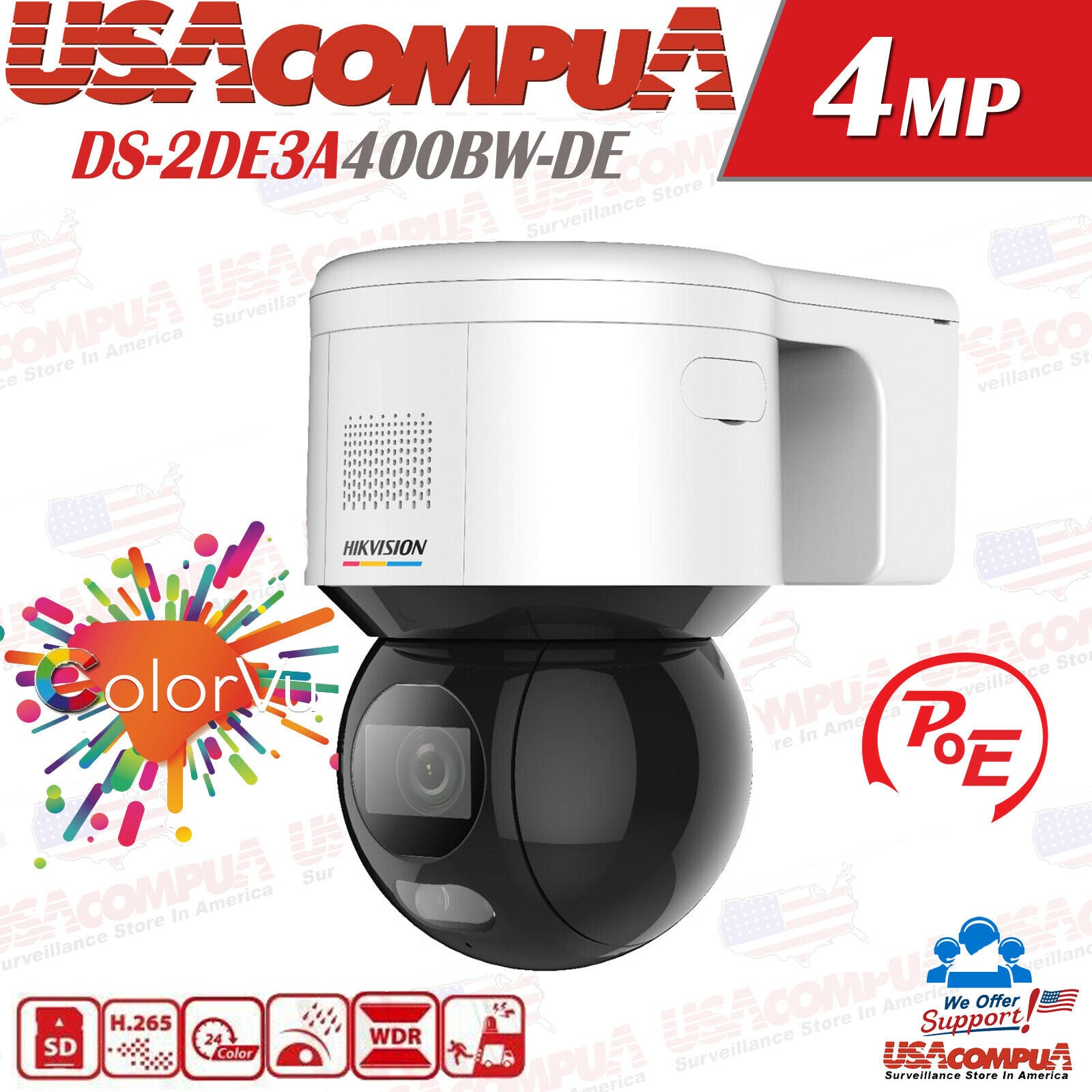 DS-2DE3A400BW-DE Hikvision Mini PT 4MP ColorVu 4x Zoom IP Camera Mic Speaker