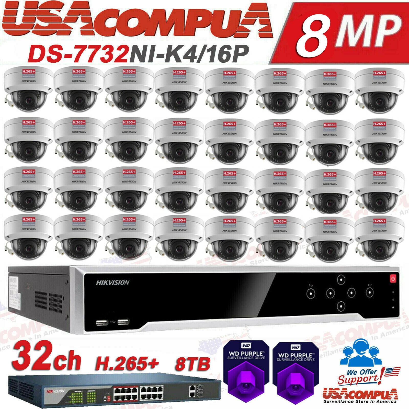 Hikvision 32CH Security System NVR KIT 32 PoE Dome IP Camera 2MP HD W/8TB HDD