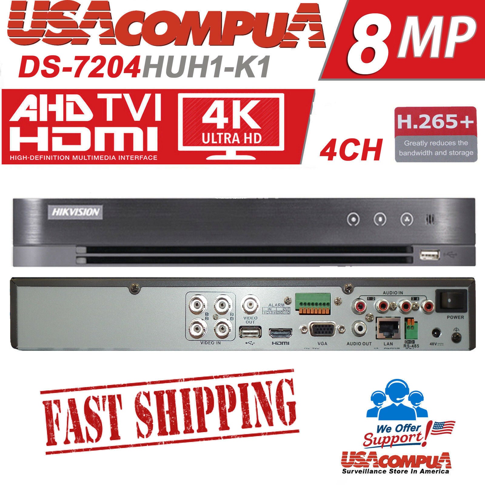 DS-7204HUHI-K1 HIKVISION 4CHANNEL DVR 4CH 4K H.265+264 Hybrid 5MP