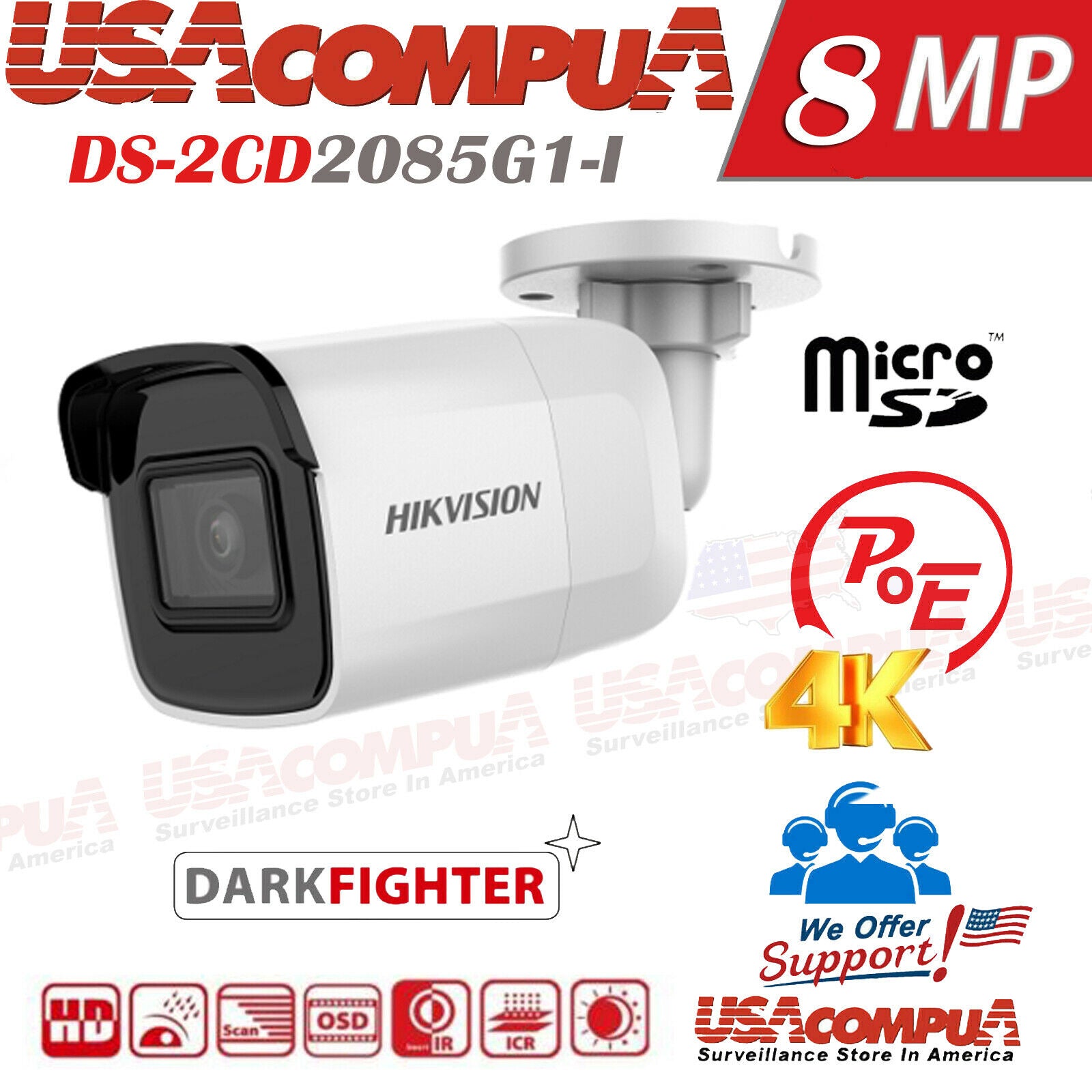 Hikvision 8MP Outdoor 4K Bullet POE IP Network , DS-2CD2085G1-I Darkfighter