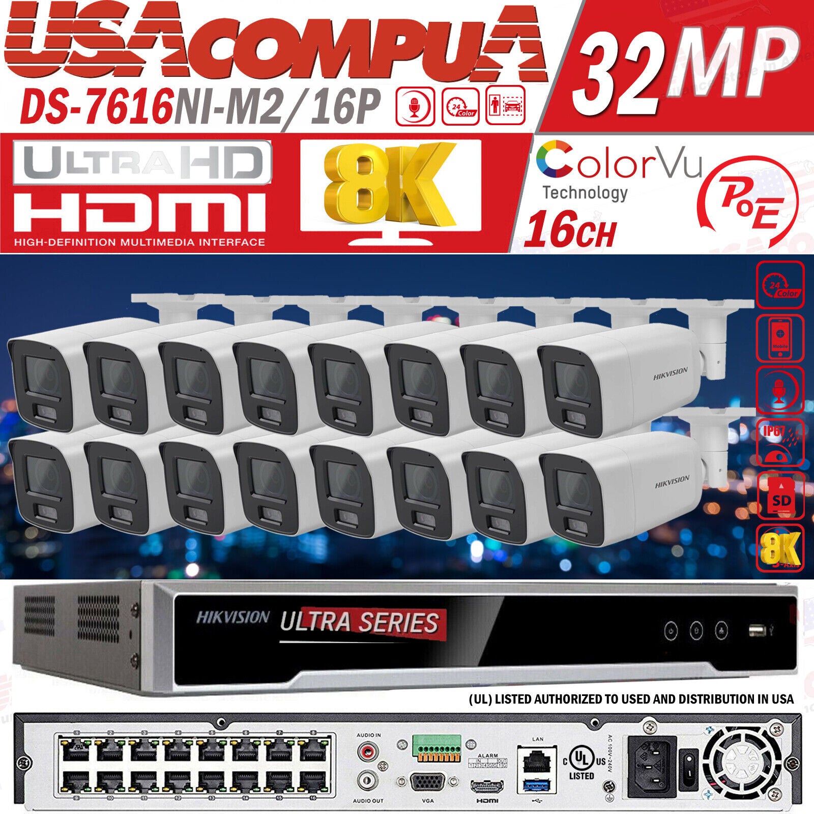 Hikvision 8K 32MP NVR 16CH ip Security Camera System DS-2CD2047G2-L 4MP Lot