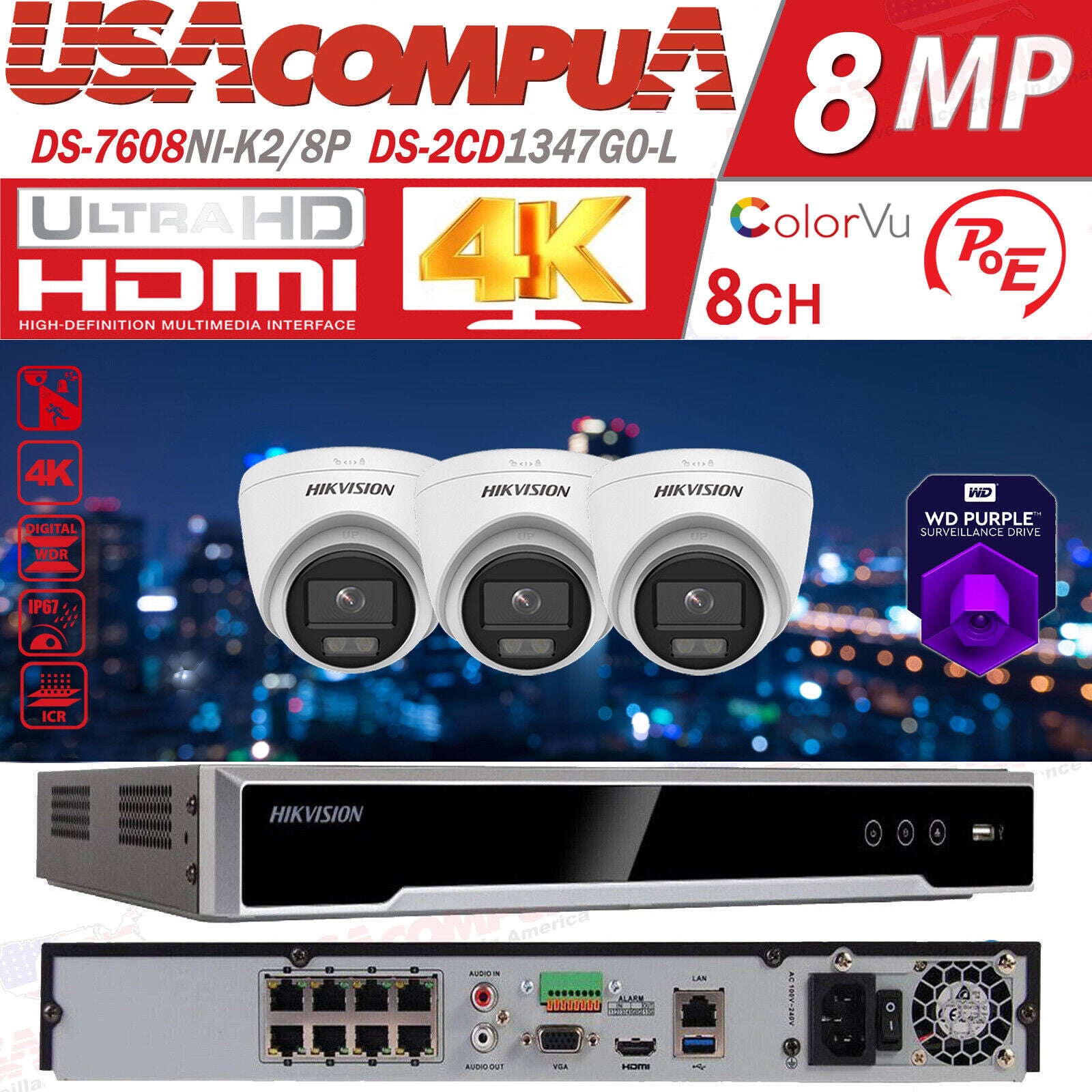 Hikvision 4K 8CH 4MP Security CCTV System Kit 8POE NVR IP Camera ColorVu MIC Lot