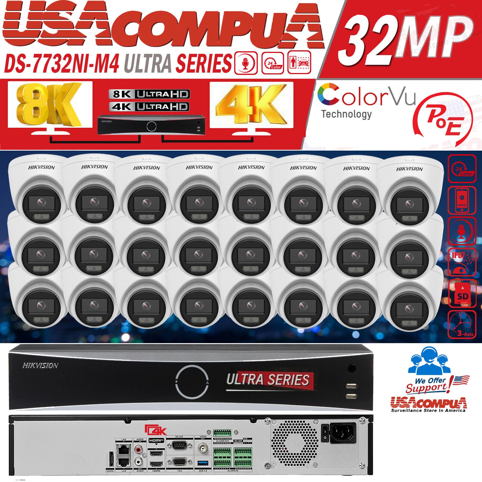 HIKVISION 32CH 4K 32MP SECURITY CAMERA SYSTEM TURRET COLORVU 4MP BUILT IN AUDIO